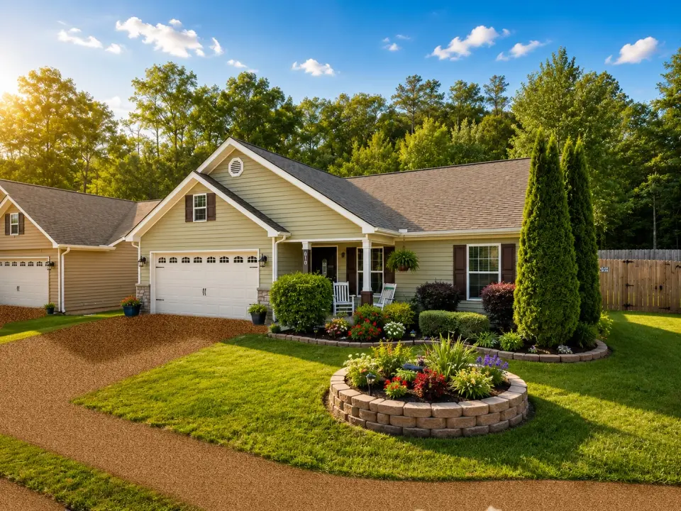 A home with a freshly coated flake driveway