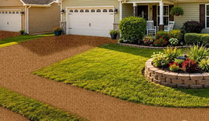 The same driveway rendered with an autumn quartz coating