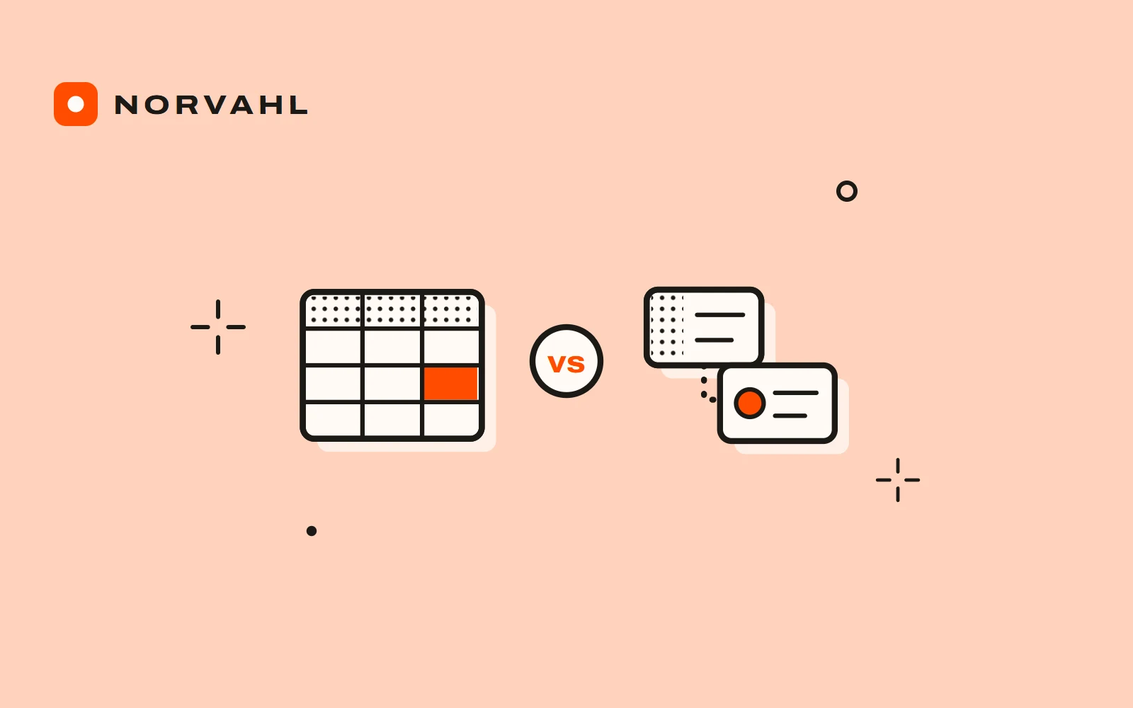 A spreadsheet grid and two linked record cards side by side with vs between them, drawn in black line on peach.