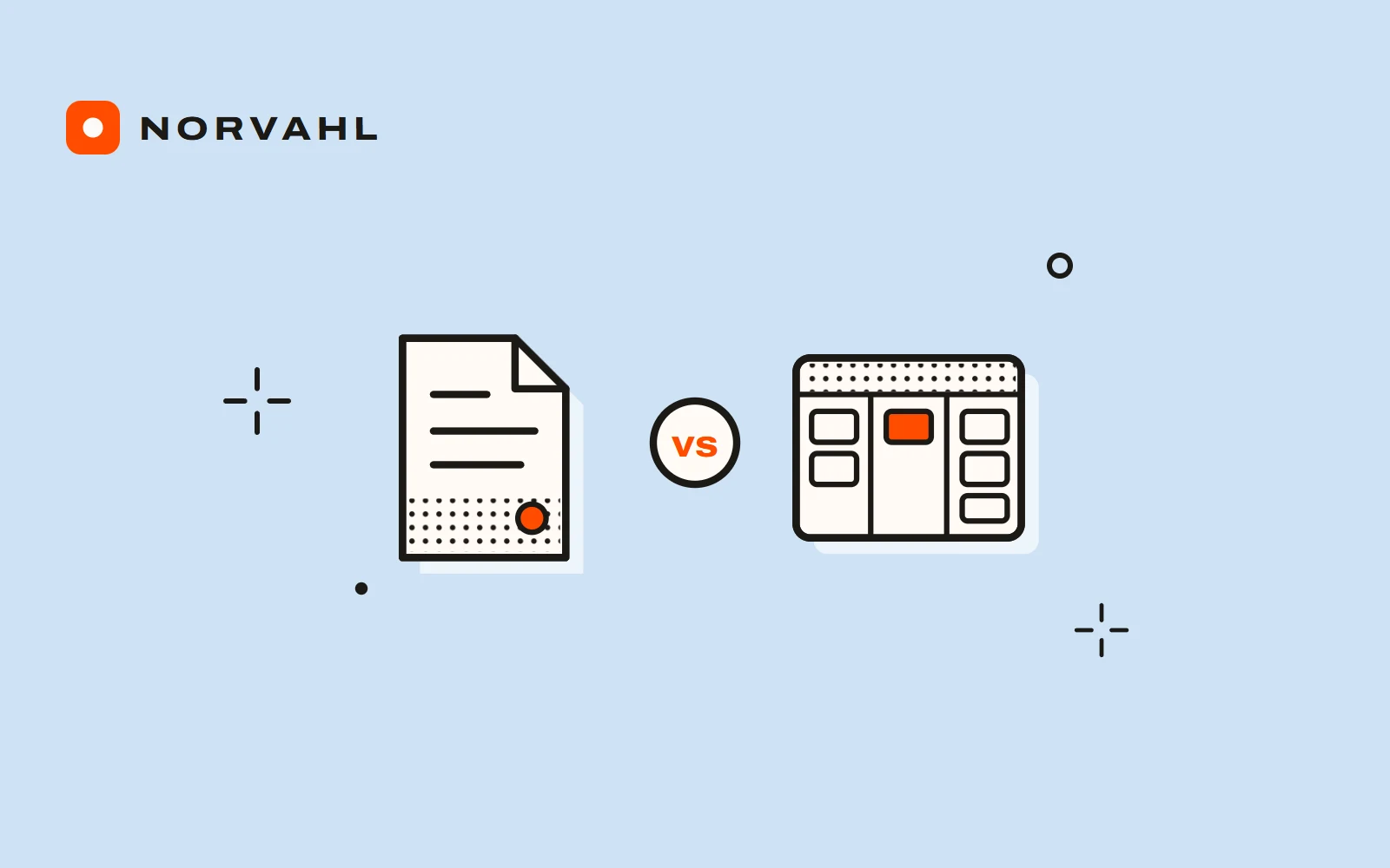 A document page and a task board side by side with vs between them, drawn in black line on light blue.