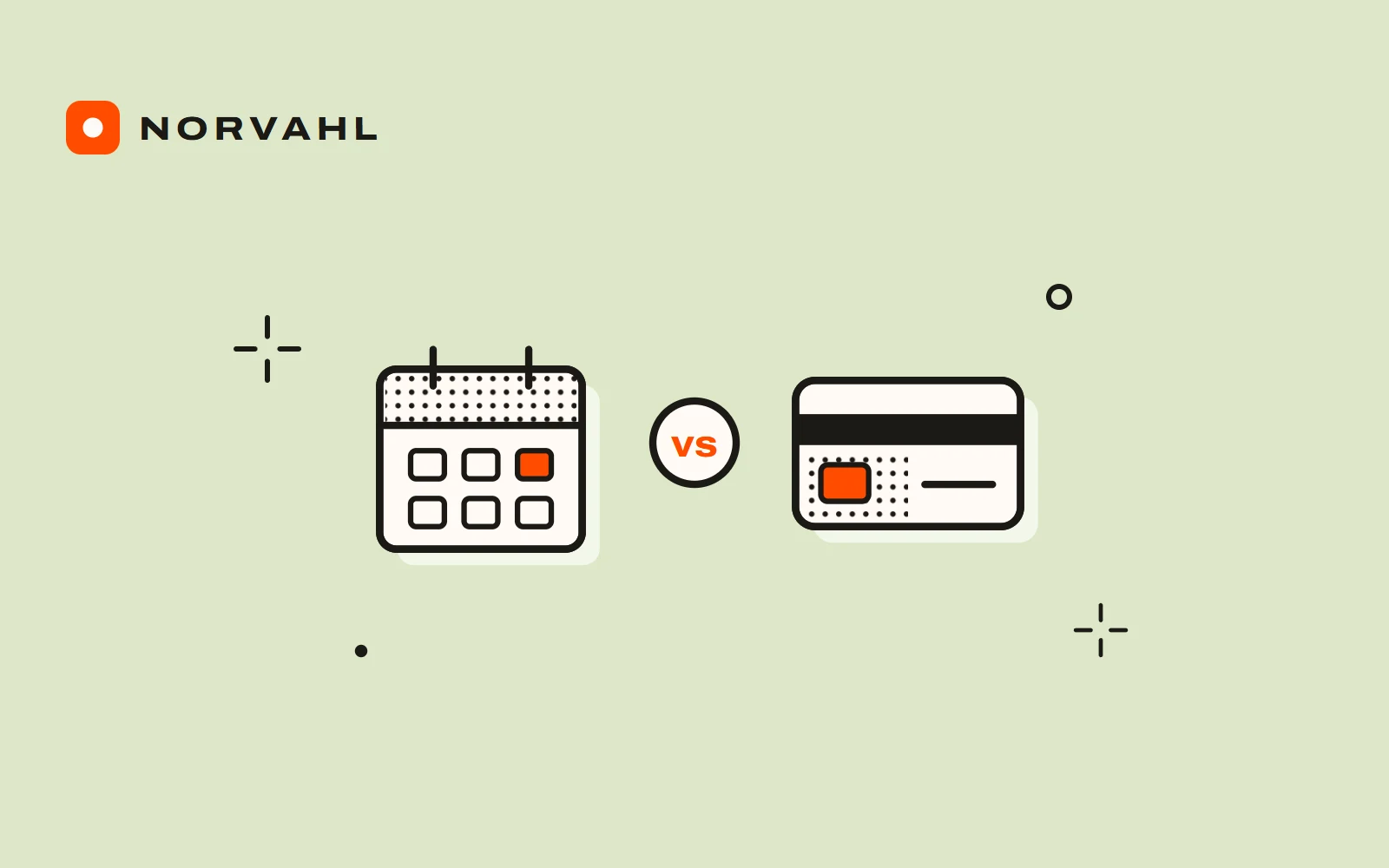 A calendar and a payment card side by side with vs between them, drawn in black line on sage.