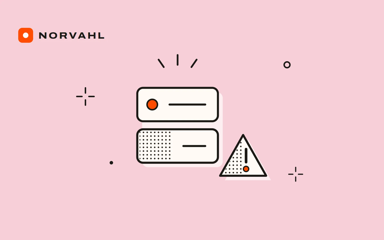 A server with a small warning triangle beside it, drawn in black line on pink.