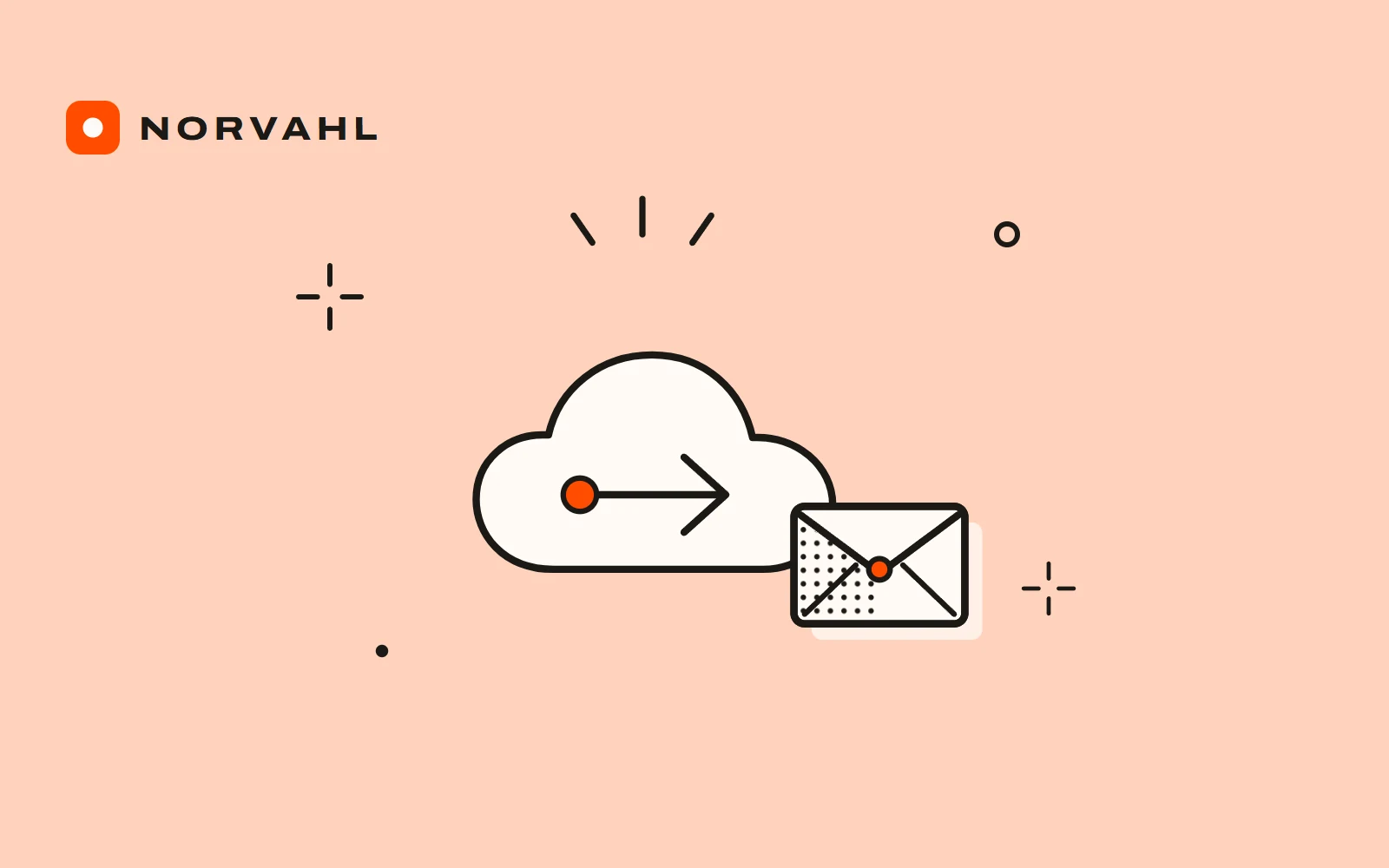 A cloud with a forward arrow and an envelope in front of it, drawn in black line on peach.