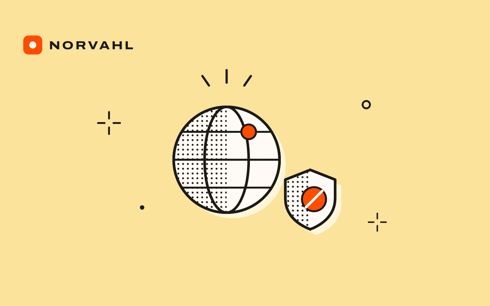 A globe with a small blocking shield beside it, drawn in black line on light yellow.