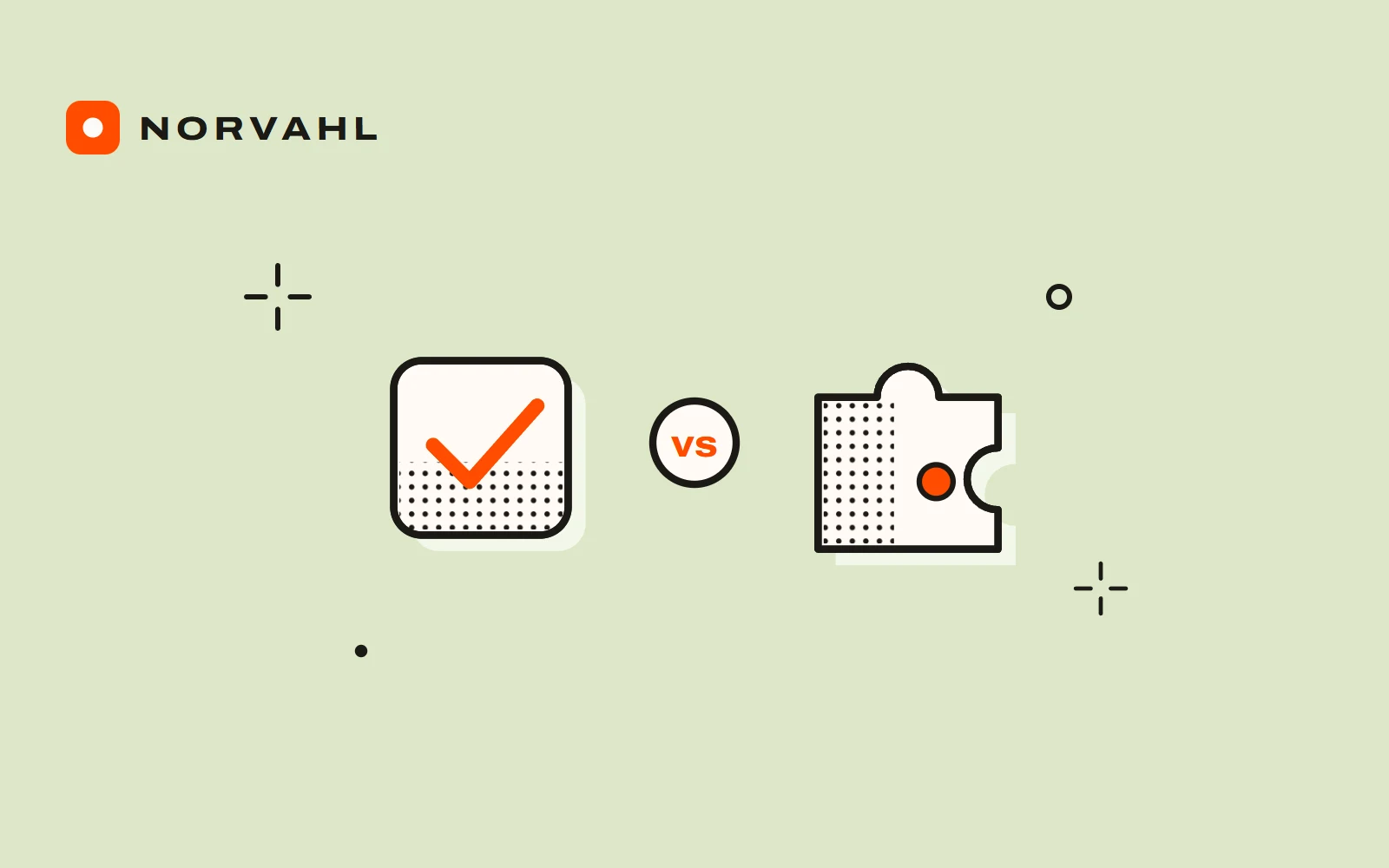 A ticked box and a puzzle piece side by side with vs between them, drawn in black line on sage.