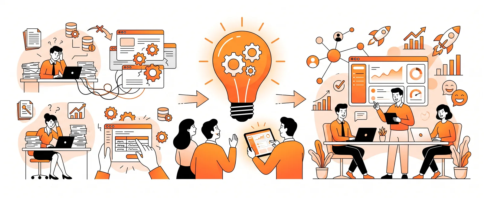 Left, people buried in paperwork and broken tools; a light bulb with gears in the middle; right, a team around a working dashboard with charts rising