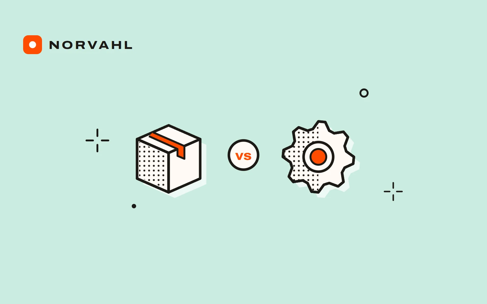 A boxed product and a gear side by side with vs between them, drawn in black line on mint.