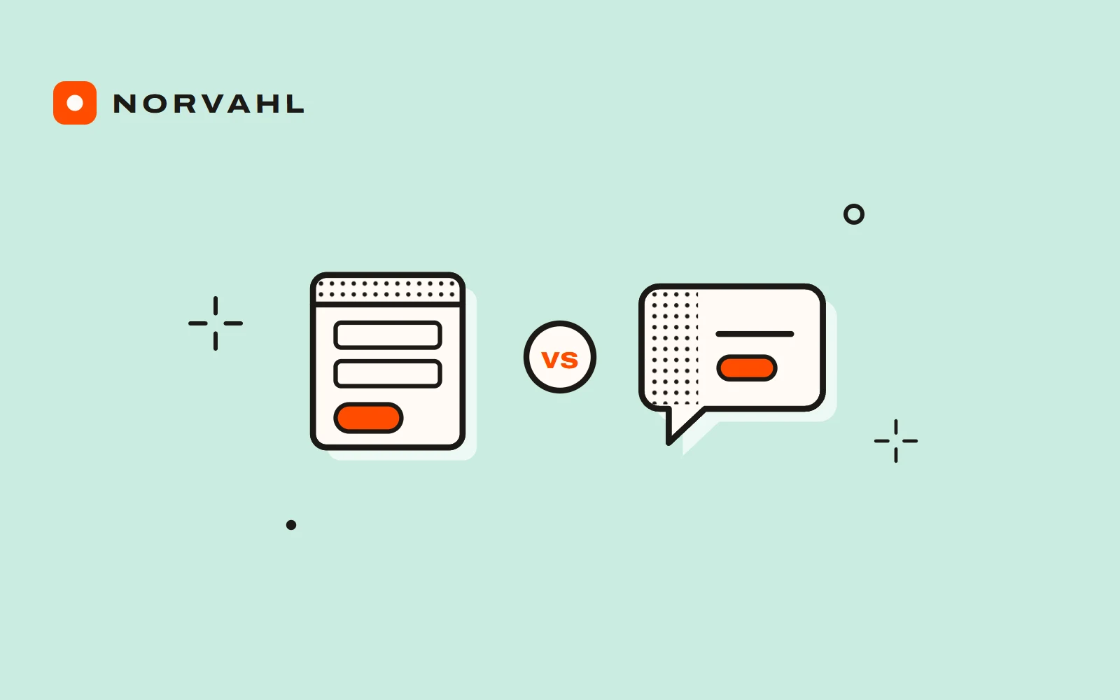 A web form and a chat bubble side by side with vs between them, drawn in black line on mint.