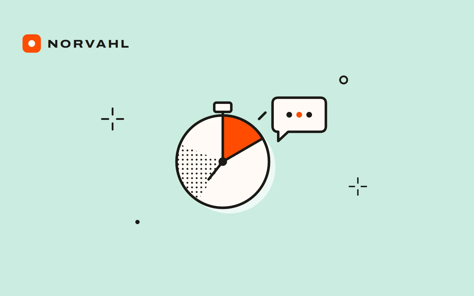 A stopwatch with its first minutes filled in orange beside a reply bubble, drawn in black line on peach.