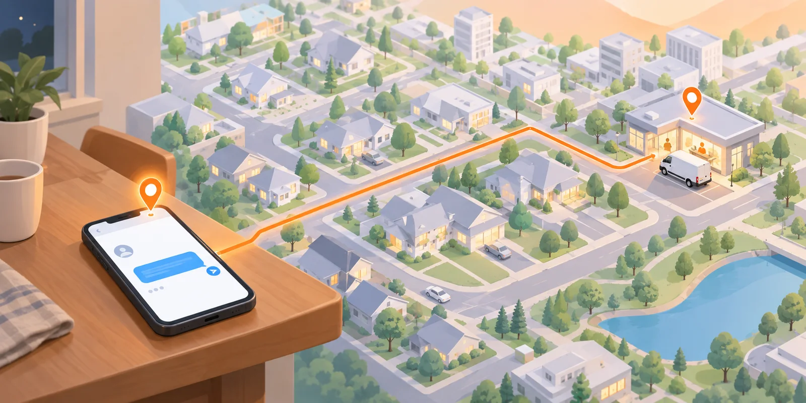 A phone on a kitchen table with a message just sent, and an orange route running across an evening suburb to a lit office with a service van outside