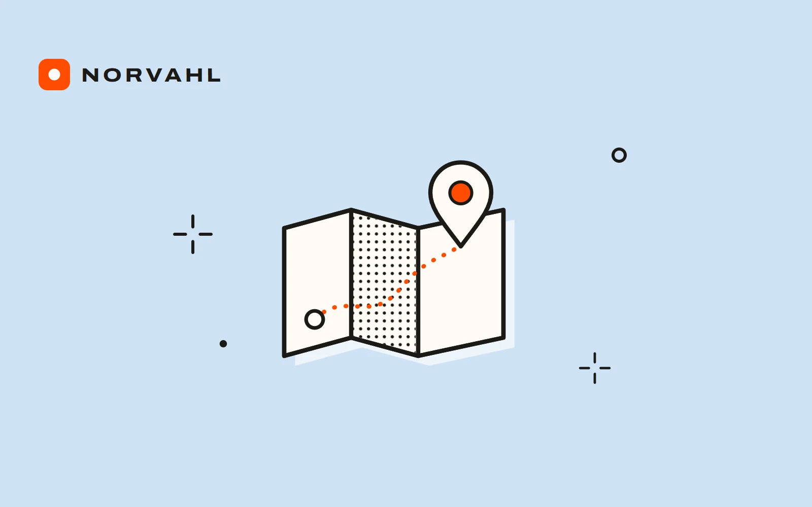 A folded map with a dotted orange route ending at a location pin, drawn in black line on peach.