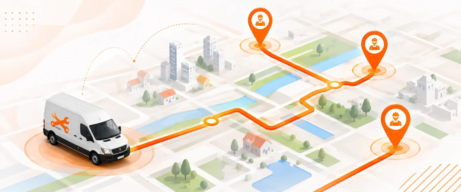 A service van on an isometric city map, an orange route running from it to three crews marked by orange pins