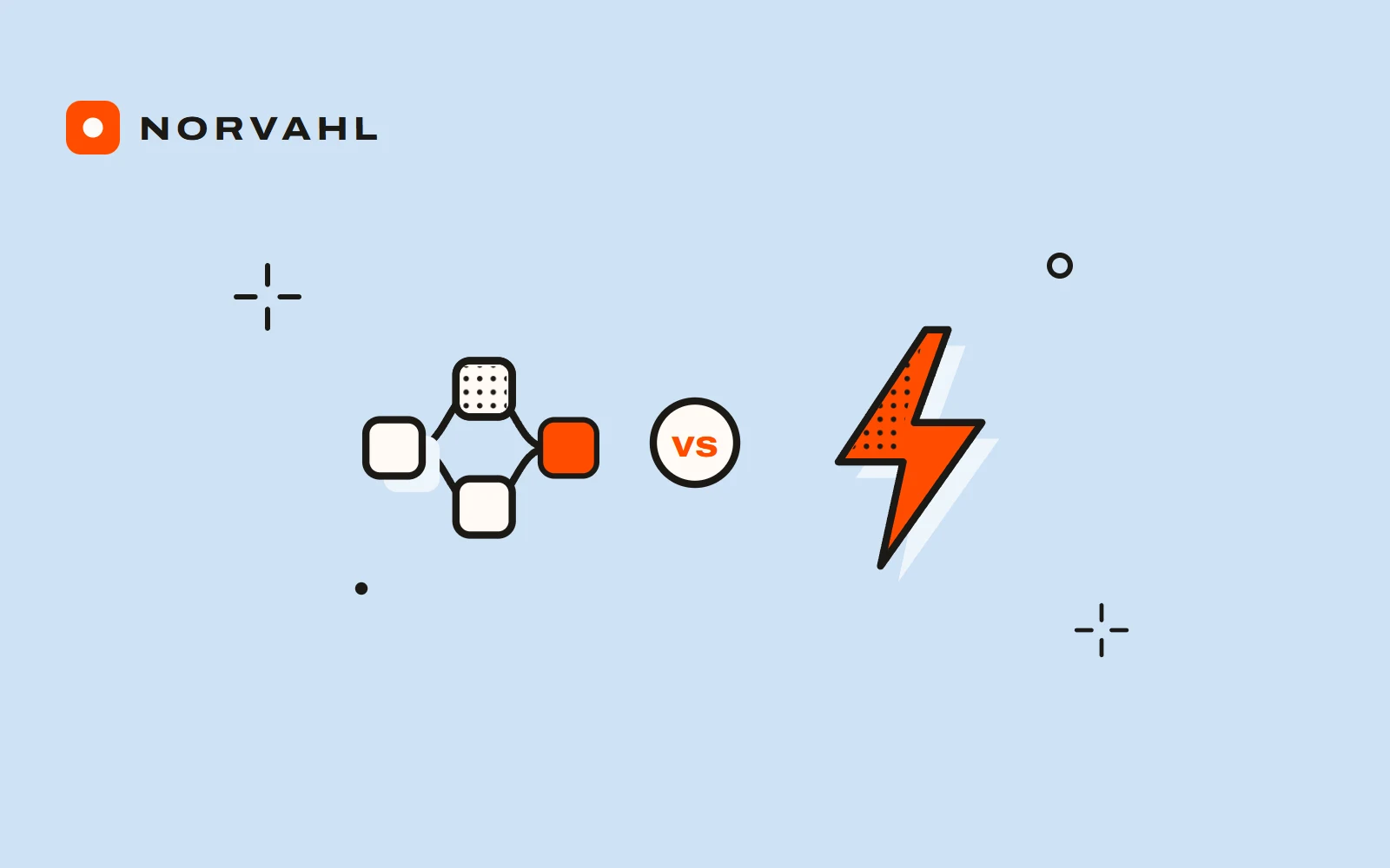 A workflow of linked boxes and a lightning bolt side by side with vs between them, drawn in black line on light blue.