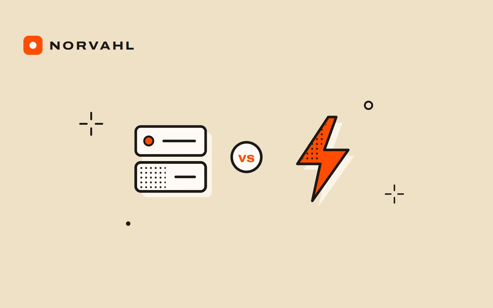 A server and a lightning bolt side by side with vs between them, drawn in black line on sand.