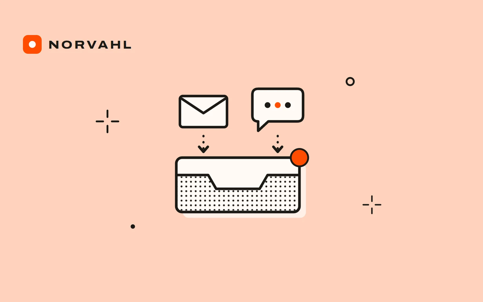 An envelope and a chat bubble dropping into one inbox tray, drawn in black line on peach.