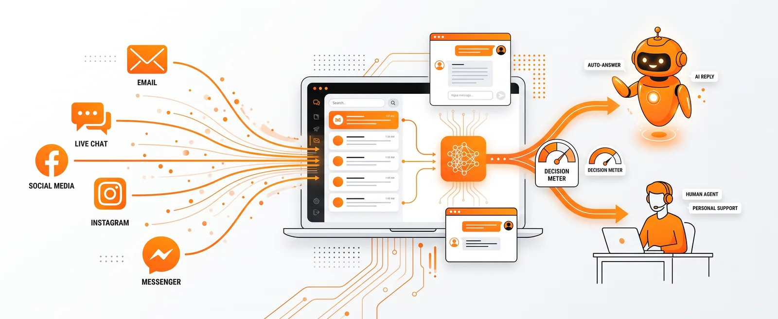 Email, live chat, social media, Instagram and Messenger flowing into one inbox on a laptop, then splitting towards an AI reply and a human agent