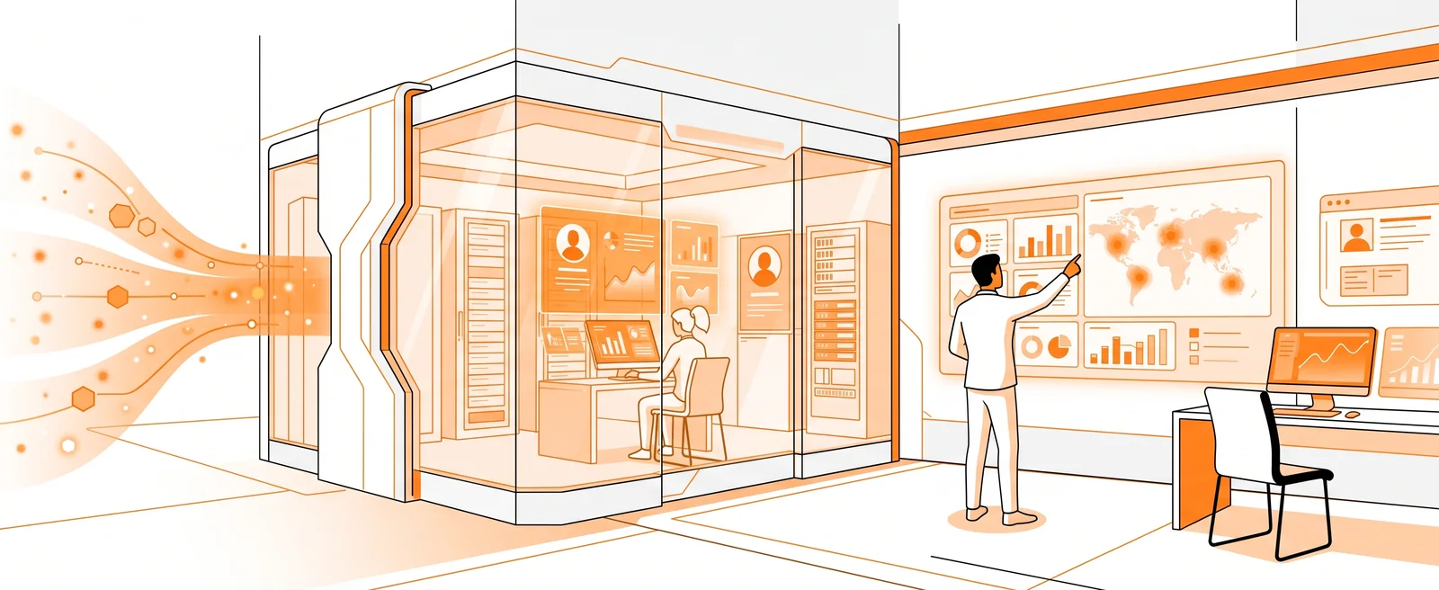 A glass-walled back office with servers, a desk and customer records, and a person pointing at a wall of charts and a map