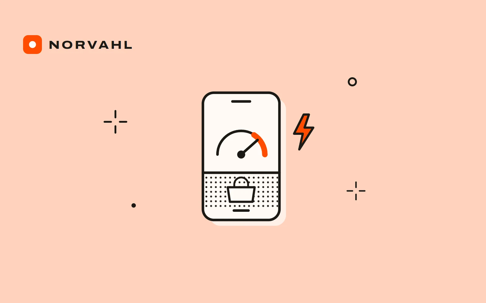 A phone showing a speed gauge near its top and a shopping basket, with an orange bolt beside it, drawn in black line on a light yellow field.