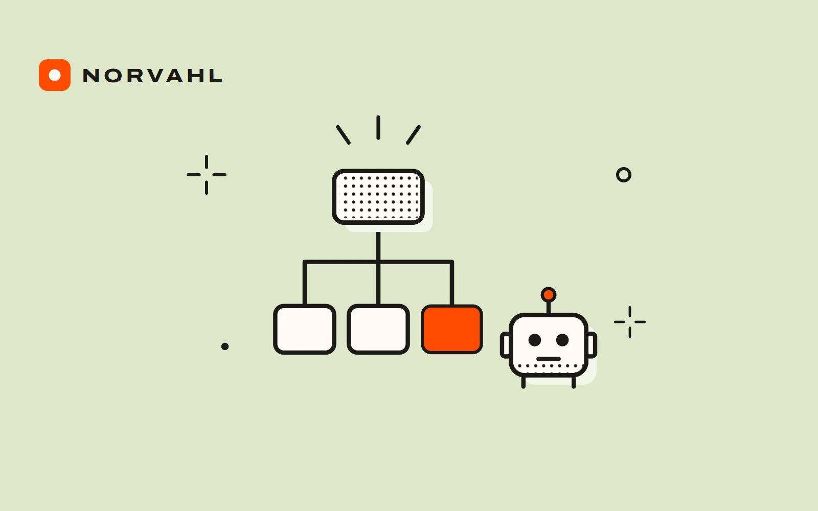 A site map tree with a small robot beside it, drawn in black line on sage.