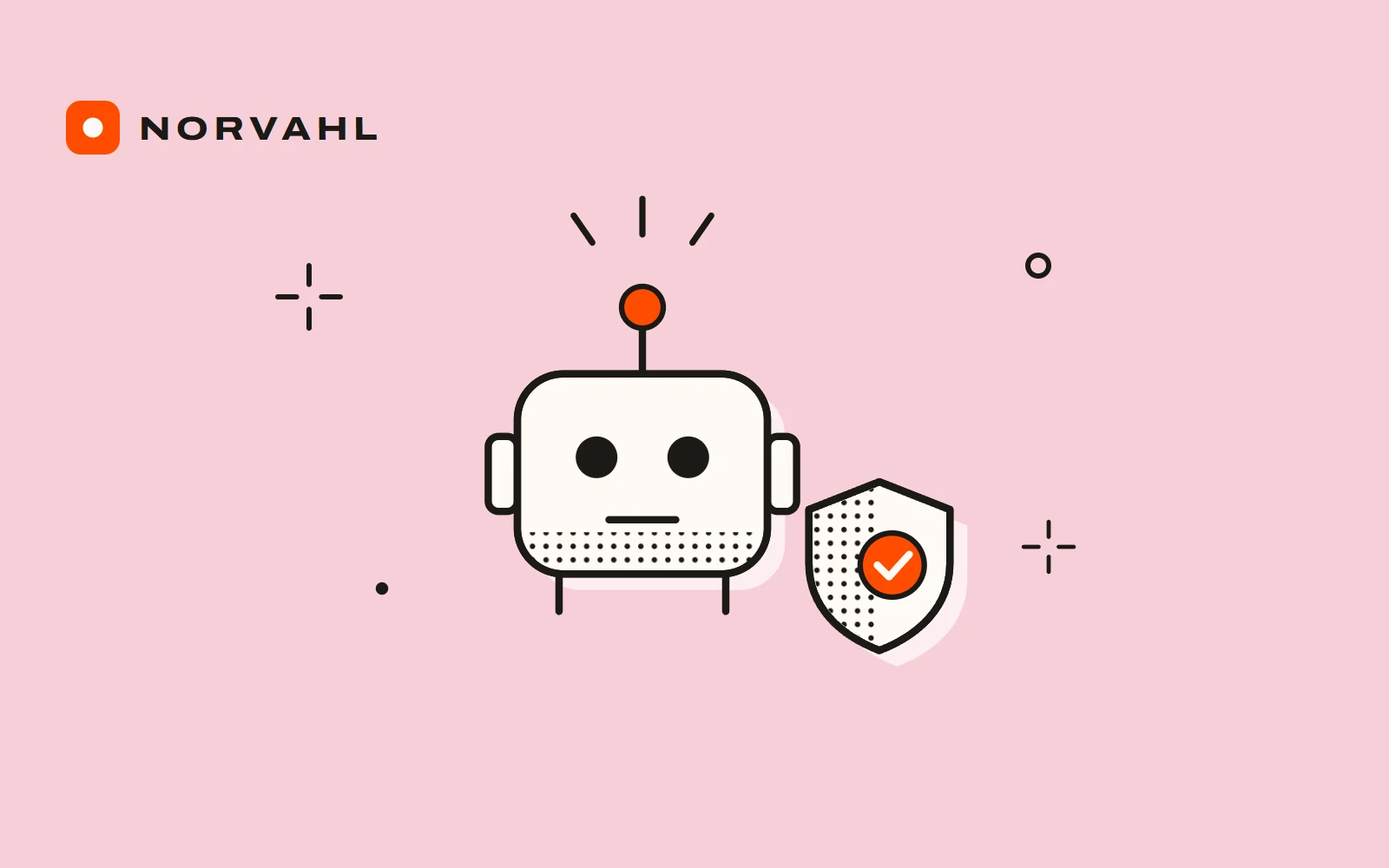 A robot with a small shield with a tick beside it, drawn in black line on pink.