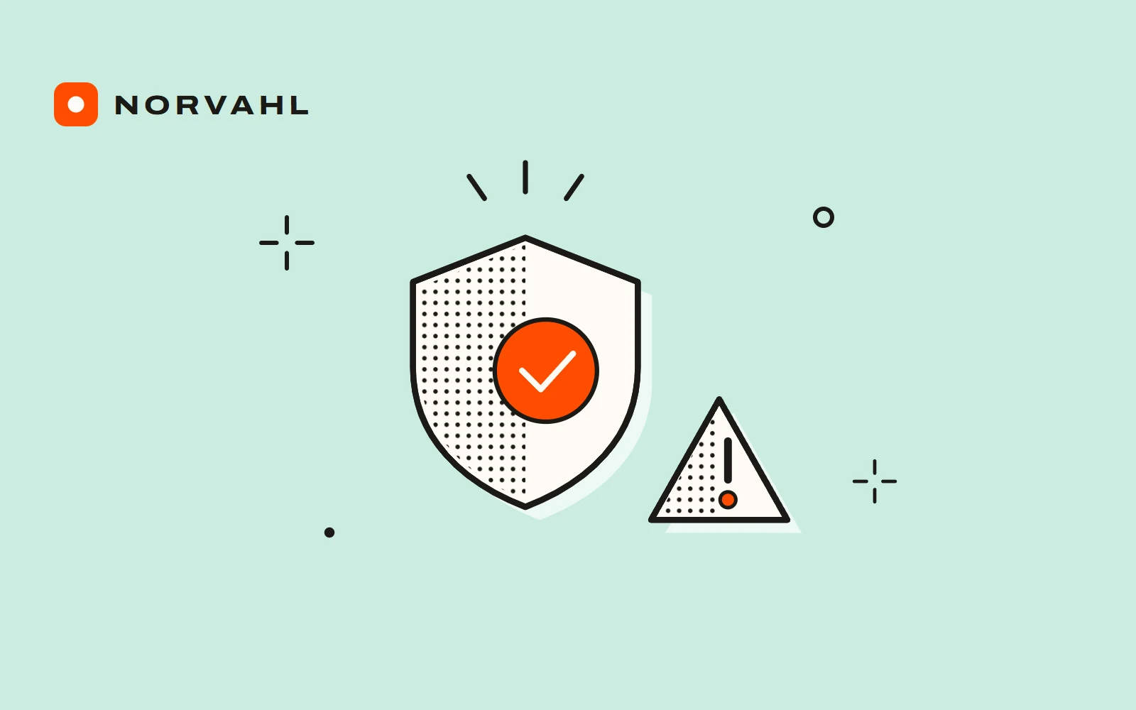 A shield with a tick and a small warning triangle beside it, drawn in black line on mint.