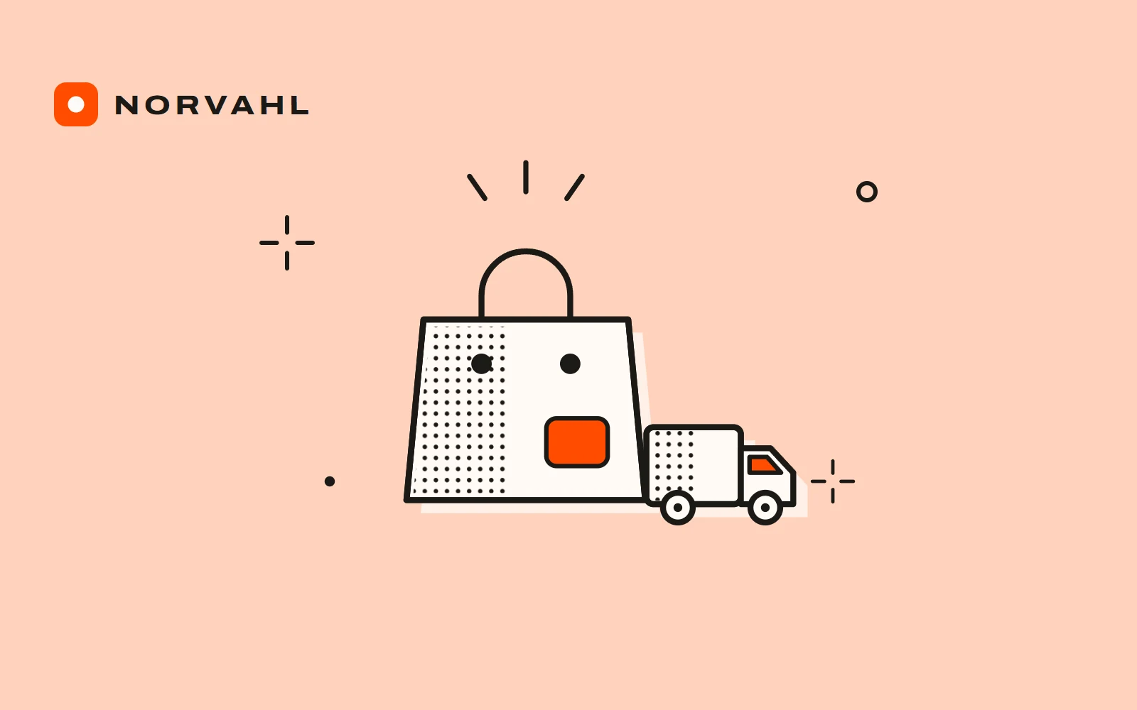 A shopping bag with a small delivery truck beside it, drawn in black line on peach.
