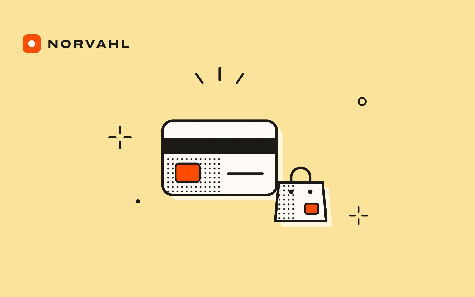 A payment card with a small shopping bag at its corner, drawn in black line on light yellow.
