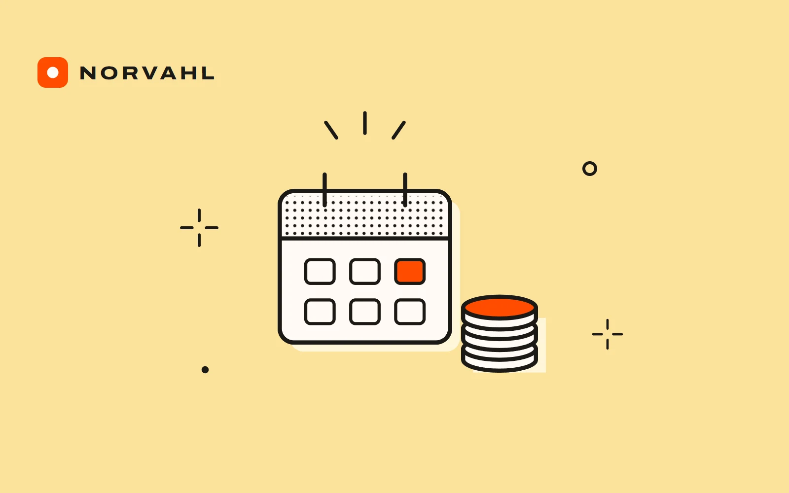 A calendar with a small stack of coins beside it, drawn in black line on light yellow.