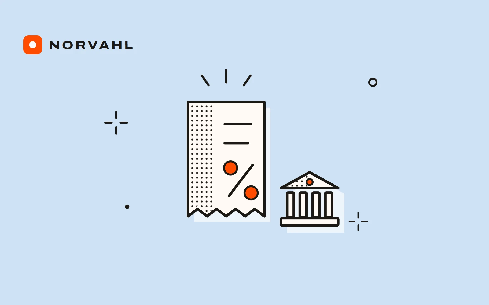 A receipt with a percent sign and a small bank building beside it, drawn in black line on light blue.