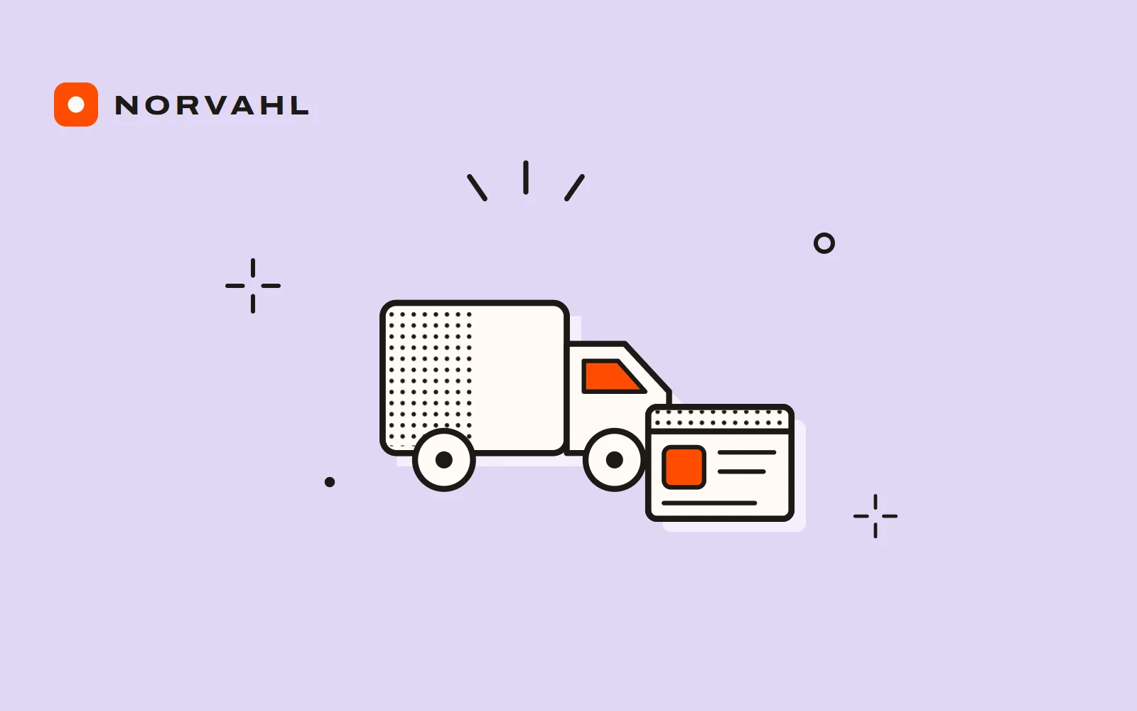 A delivery truck with a small app window beside it, drawn in black line on lilac.