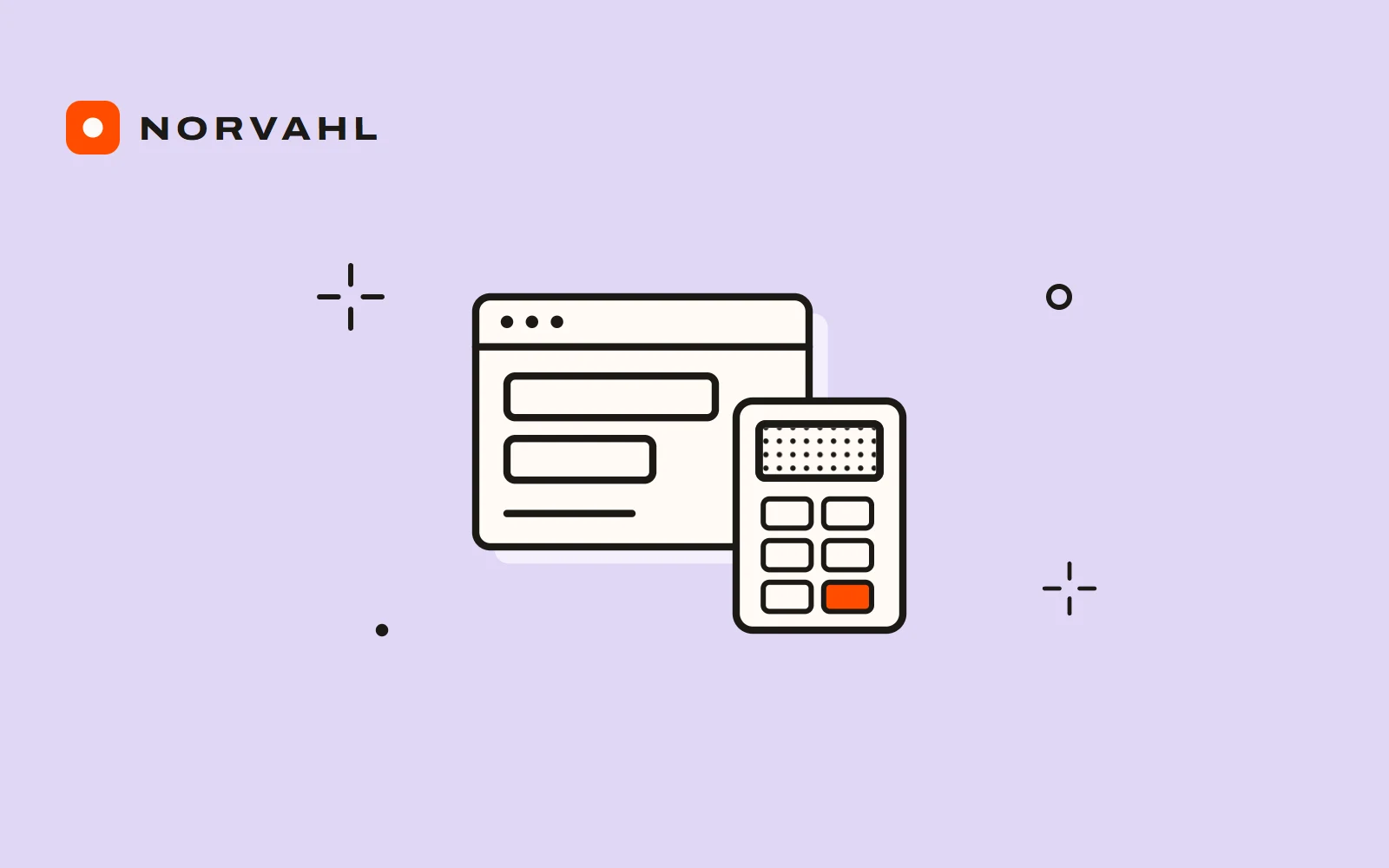 A web form with a calculator in front of it, one key orange, drawn in black line on peach.