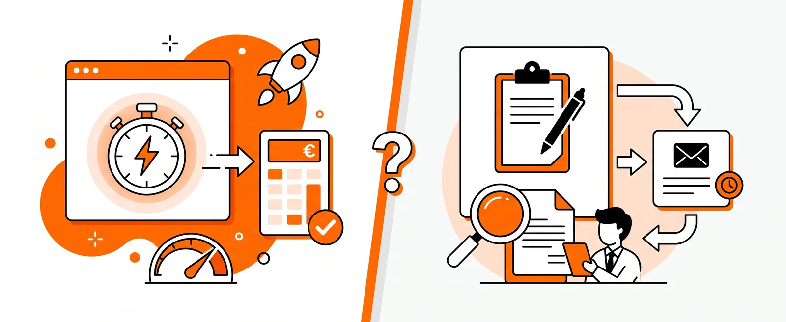 Left, a stopwatch on a web page beside a calculator with a tick; right, a clipboard, a magnifying glass and a person waiting for a quote by email, a question mark between them