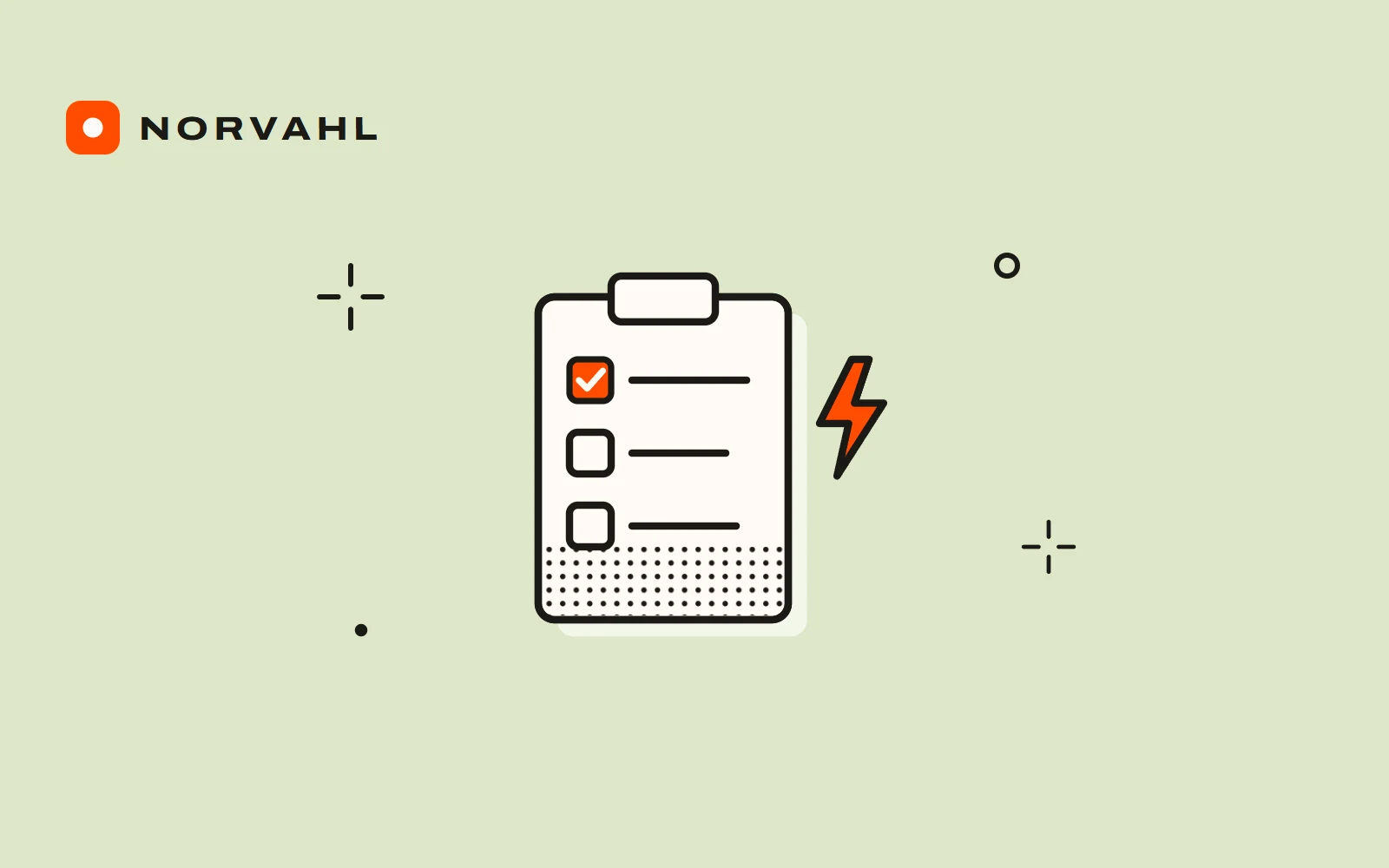 A clipboard checklist with the first box ticked in orange and a lightning bolt beside it, drawn in black line on sand.