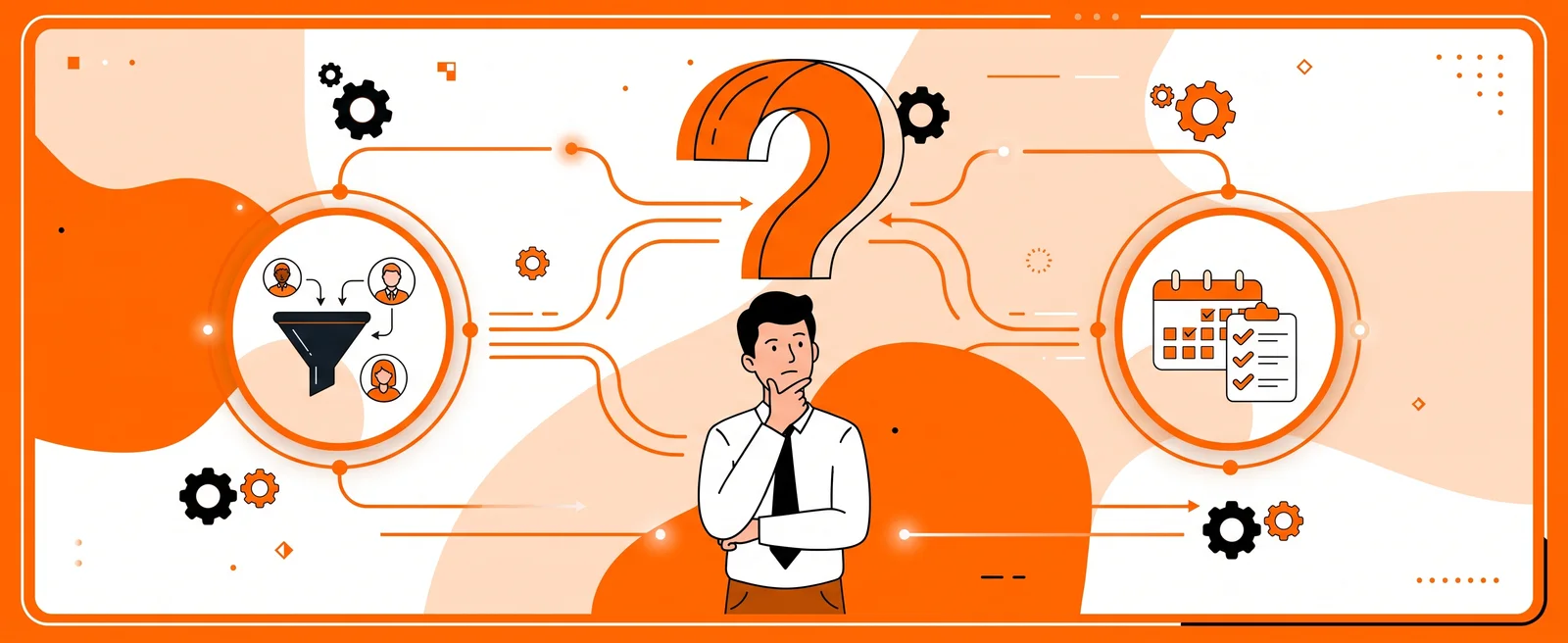 A person thinking between two circles, a funnel of leads on the left and a calendar with a checklist on the right, joined by orange circuit lines under a question mark
