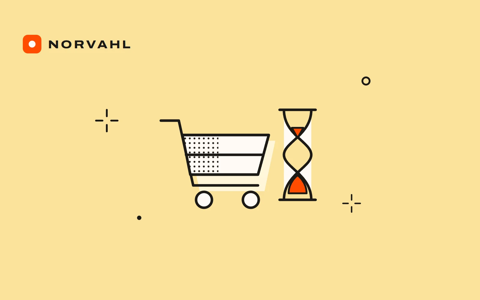 A shopping cart beside an hourglass with orange sand, drawn in black line on a light yellow field.