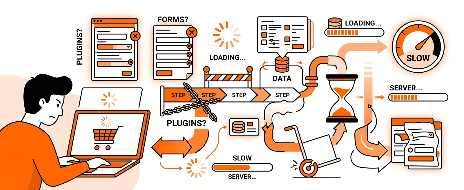 A person at a laptop with a loading cart, and a checkout path chained shut by plugins, forms, a database, an hourglass and a speedometer reading slow